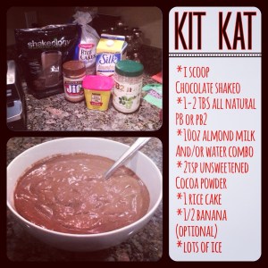 kit kat shakeology, high calorie protein shake, low calorie protein shake, chocolate shakeology, shakeology recipes, healthy treats, candy bar alternative