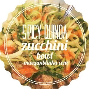 spicy zucchini quinoa bowl with text
