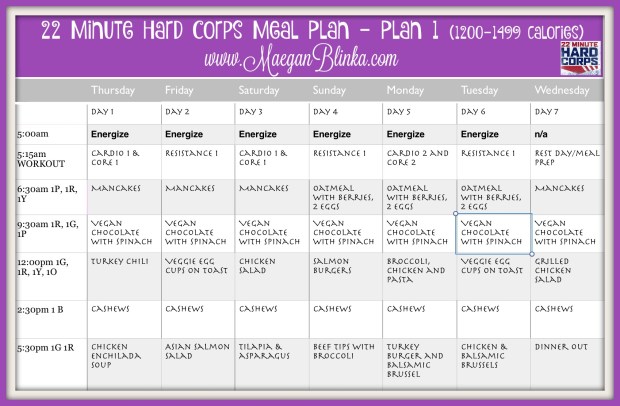 22 Minute Hard Corps meal plan week 1