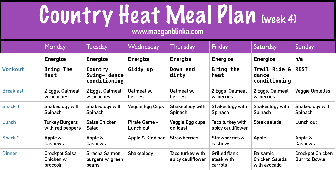 Country Heat week 4 meal plan
