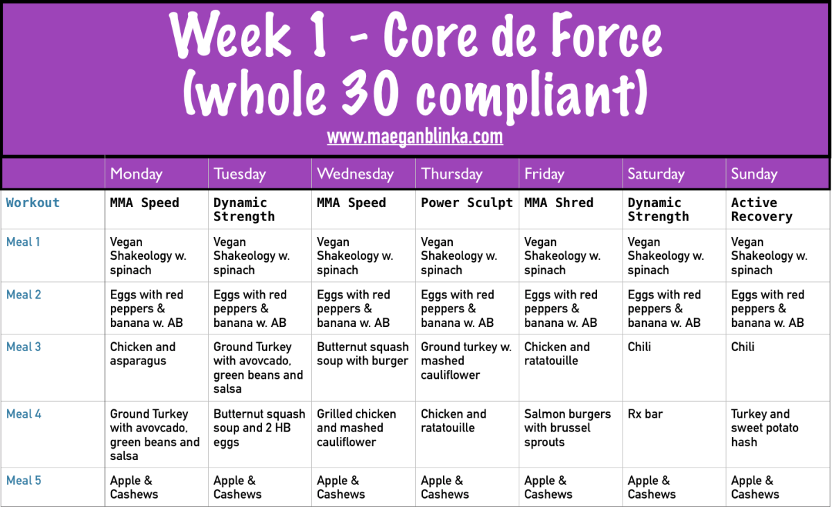 Whole 30 meal plan, Core de Force week 1 meal plan, Butternut squash soup, mashed cauliflower, Chicken ratatouille, Turkey and Sweet Potato Hash, Core de Force Week 1 schedule, Maegan Blinka, Megan Blinka, MMA, Les Mills new workout, Jericho McMatthews, Joel Freeman, New Beachbody Workout, Kickboxing home workout program, Example whole 30 meal plans with Shakeology, Shakeology