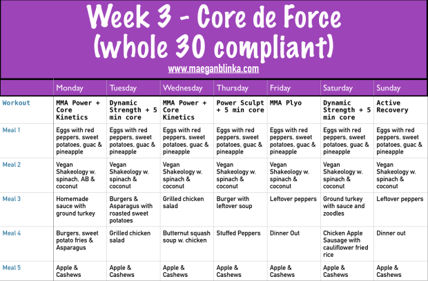 Whole 30 meal plan, Core de Force week 1 meal plan, Butternut squash soup, mashed cauliflower, Chicken ratatouille, Turkey and Sweet Potato Hash, Core de Force Week 2 schedule, What to expect with Core de Force, Maegan Blinka, Megan Blinka, MMA, Les Mills new workout, Jericho McMatthews, Joel Freeman, New Beachbody Workout, Kickboxing home workout program, Example whole 30 meal plans with Shakeology, Shakeology